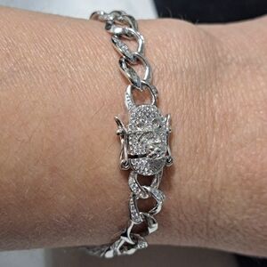 7 3/4" AAA white cz studded 925 sterling silver Cuban link bracelet w safety